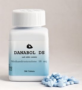 Danabol DS 10mg tablets bottle and blue Methandrostenolone tablets