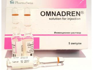 Omnadren Sustanon 250 box with ampoules for testosterone replacement or muscle growth