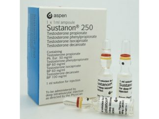 Box and ampoules of Sustanon 250 by Aspen containing testosterone esters for intramuscular injection