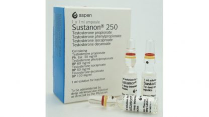 Box and ampoules of Sustanon 250 by Aspen containing testosterone esters for intramuscular injection