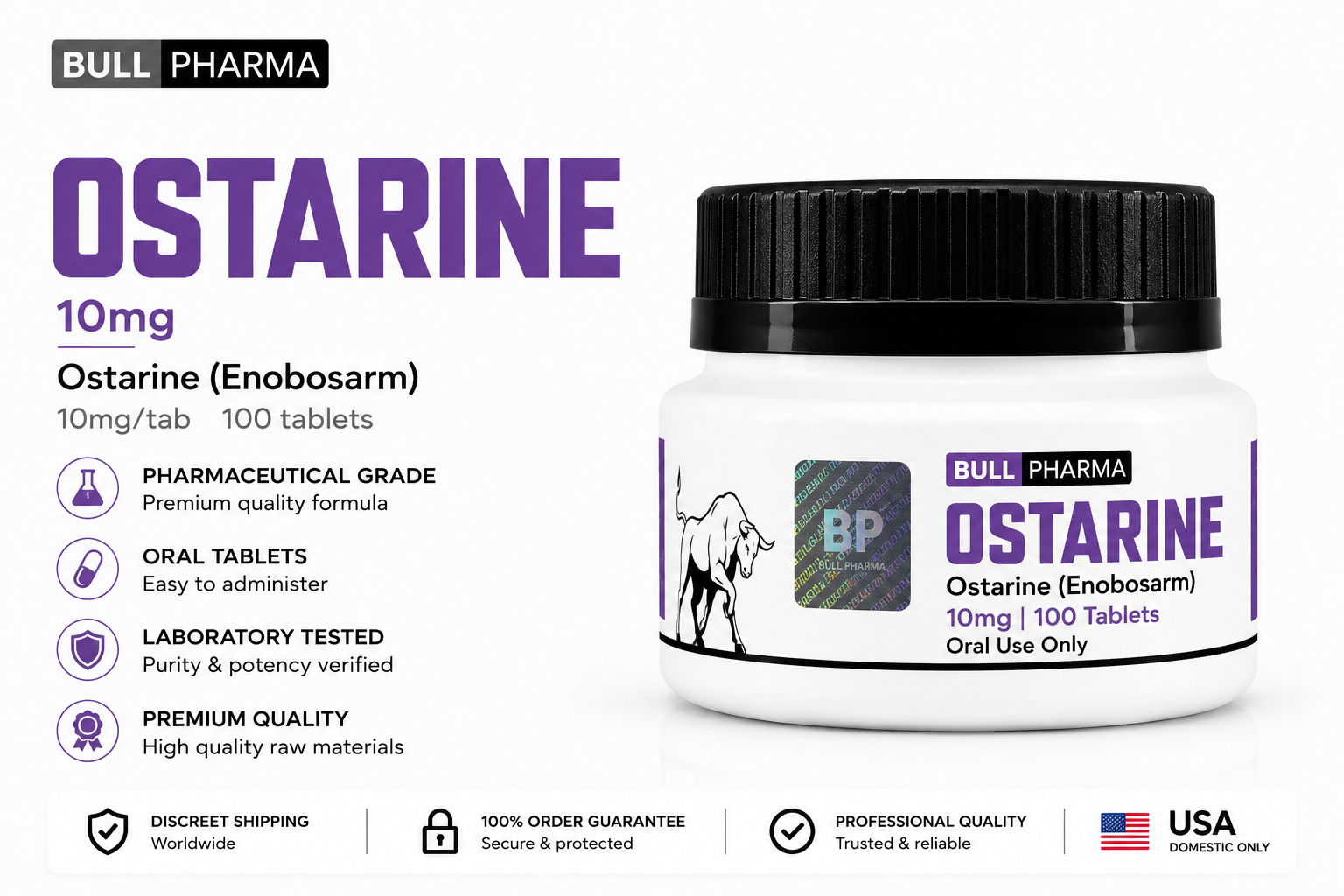 Bull Pharma Ostarine 10mg – 100 Tablets (Lean Muscle & Recomp SARM) 1 Bull Pharma OSTARINE 10mg Enobosarm 100 oral tablets container
