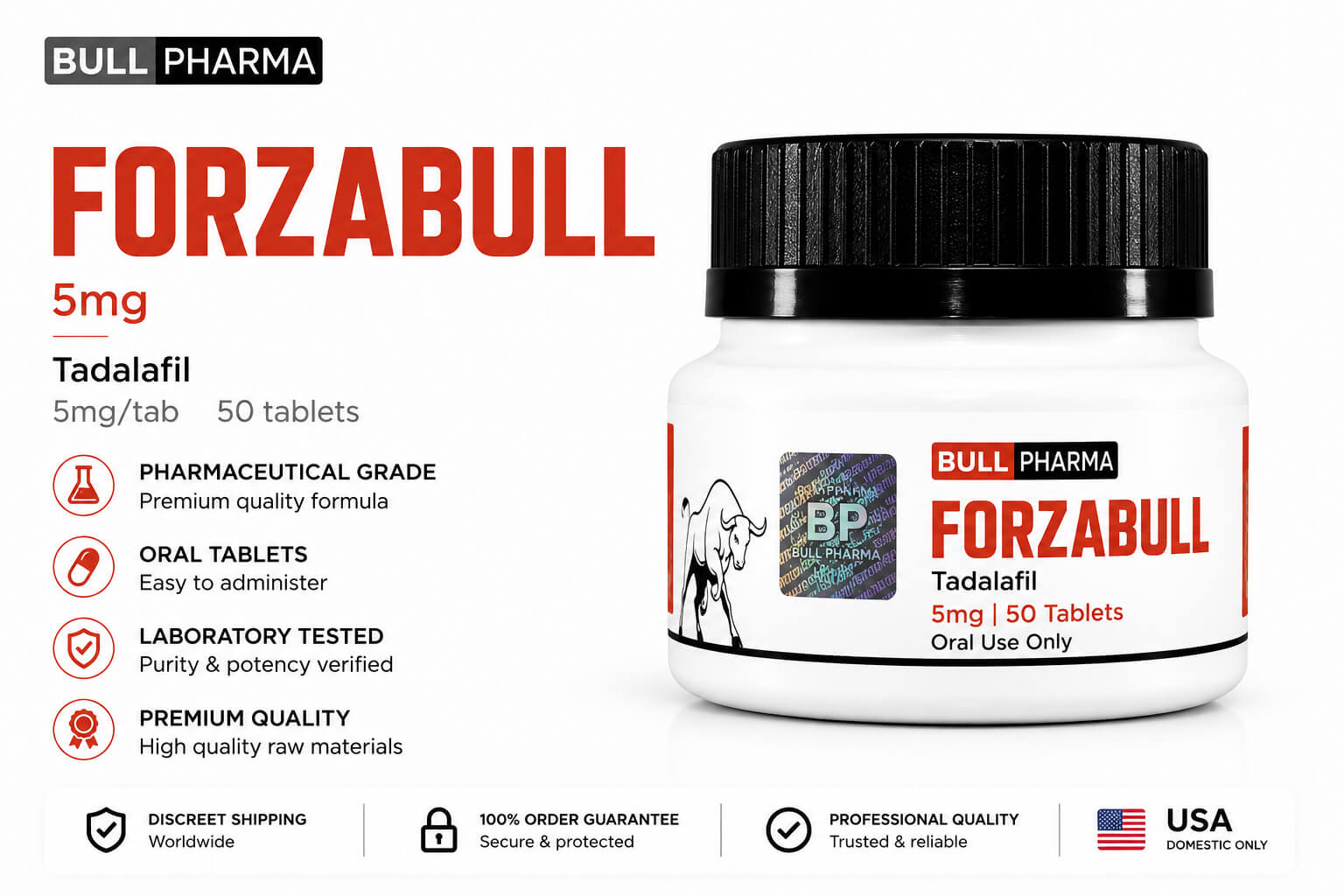 Bull Pharma FORZABULL (Tadalafil) – 50 Tablets (5mg) 1 Bull Pharma FORZABULL 5mg Tadalafil 50 oral tablets container