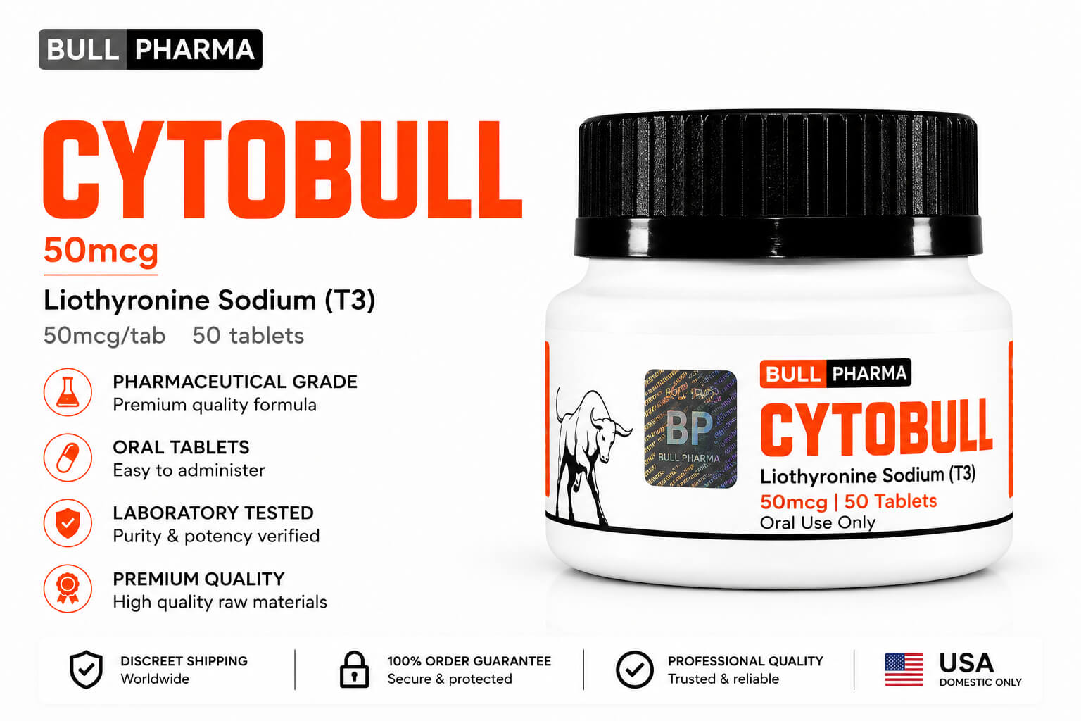 Bull Pharma CYTOBULL (Liothyronine Sodium T3) - 50 mcg 1 Bull Pharma CYTOBULL 50mcg Liothyronine Sodium T3 50 oral tablets container